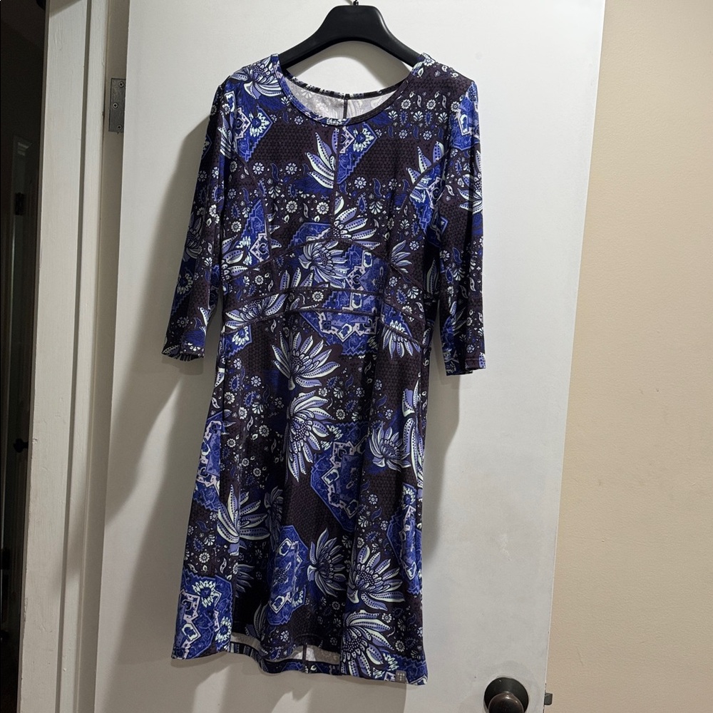 Title Nine 3/4 Sleeve Blue Floral A-Line Dream Dress Size Medium